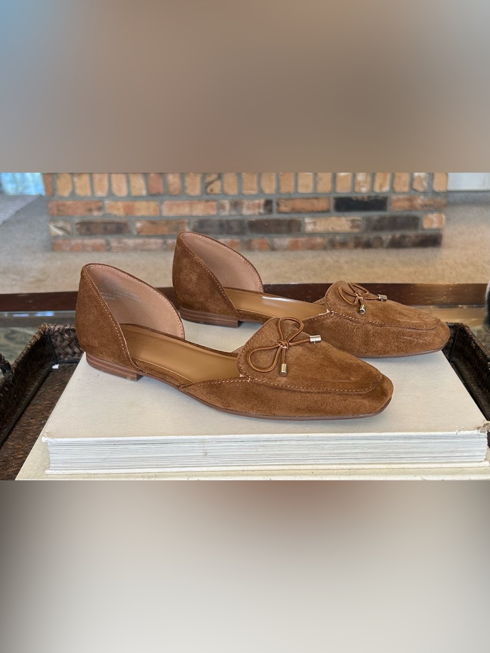 Kensie Chestnut Brown Suede D'Orsay Loafers with Bow Accent